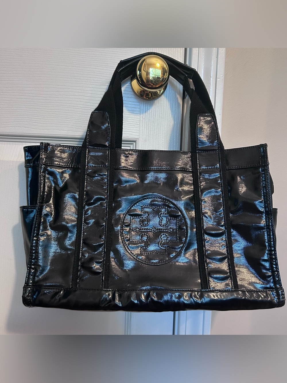 Tory Burch Large Vinyl Ella Tote Bag Black Lined Inner Zip Pockets